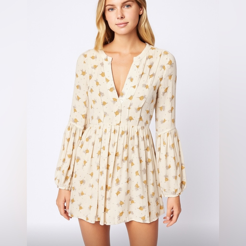 Free People Cream and Yellow Ruffled Top with V-Neck